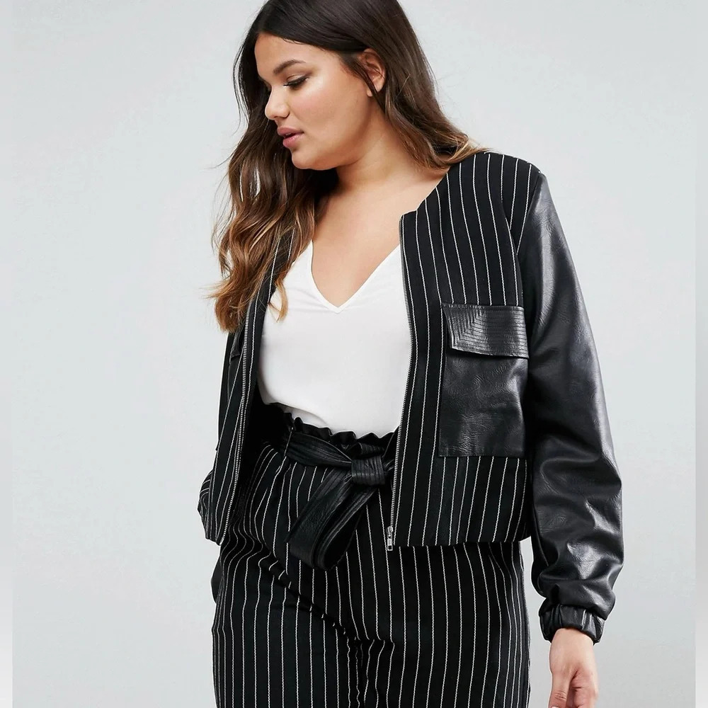 Elvi Pinstripe Bomber Jacket With Leather Look Detail Size 20 New With Tags
